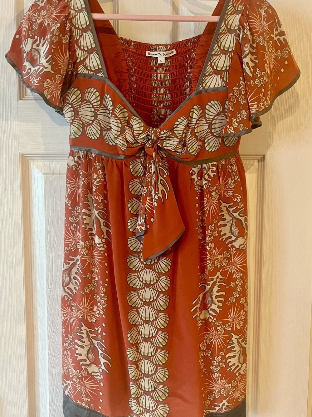 Nanette Lepore Rust and Cream I Floral Tie-Front Mini Dress Silk